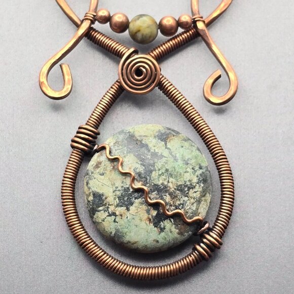 VTG Copper Wire Wrapped Jasper Pendant Necklace 18" Adjustable Length Statement - Picture 3 of 11
